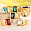 Vintage gold plated rings with six colors of rectangle gemstones and leaf engravings - Gold White Zirconia
