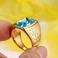 Retro gold-plated ring for men with rectangular blue gemstone and leaf pattern - Gold / Blue Zirconia