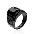 Men's punk black ring with large rectangle gemstone and engraved horseshoe sides - Black/Black Zirconia