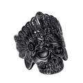 Anillo punk gótico de acero inoxidable negro mate con calavera y tocado de plumas indias - Negro / US 7