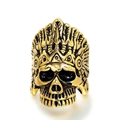 Anillo de acero pulido con hoja de arce y calavera con tocado de plumas retro - Dorado / US 7