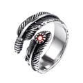 Retro silver feather ring with a vibrant red round zircon stone and oxidized finish - Size 7 / Feather Open Style / Steel Red Zircon