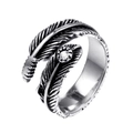 Vintage silver feather open ring with retro engraved texture and sparkling zircon stone - Size 7 / Feather Open Style / Steel Color White Zircon
