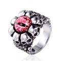 Gothic punk style stainless steel skull ring with a red devil eye gemstone inlay - US 7 / Pink Eye