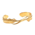 Vintage golden stainless steel feather cuff bracelet with detailed texture for men - Gold
