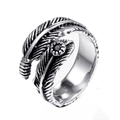 Retro silver feather ring with black zircon stone and vintage oxidized finish detail - Size 7 / Feather Open Style / Steel Color Black Zircon