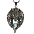 Macro detail of wolf head pendant with blue gemstone and realistic metal fur texture - Blue Pendant Only (Without Chain)