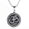 Vintage titanium steel necklace featuring Om symbol pendant and Greek meander border - Steel Color