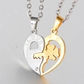Polished stainless steel couple's heart necklace set with engraved I Love You and clover key - Pendant Only (White Gold Color)