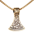 Golden Viking axe pendant necklace with Norse runes and black vintage detailing on box chain - Single Pendant Gold