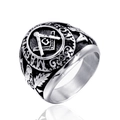Bague maçonnique vintage en acier inoxydable avec logo compas G et texte gravé - US 7 / Couleur Acier