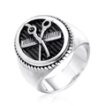 Vintage silver barber ring for men featuring embossed scissors and comb on a round face - US 7 / Steel
