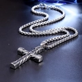 Silver punk cross pendant necklace with twisted rope texture and box chain - Pendant with Chain