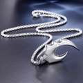 Dettaglio del ciondolo a dente di lupo in acciaio al titanio argento con zircone su nero - Collana Con Ciondolo