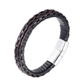 Bracciale da uomo in pelle intrecciata con motivi nero e marrone e chiusura magnetica argento - Fibbia Color Acciaio 20.5cm