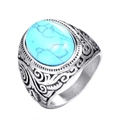 Anello vintage in acciaio al titanio da uomo con pietra turchese ovale e motivi incisi - US 7 / Turchese Blu