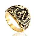 Vintage gold Masonic stainless steel ring with G logo and intricate side carvings - US 7 / Gold