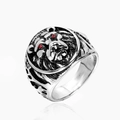 Retro lion head ring in silver finish with red stone eyes and punk style carving - Size 7 / Steel Color Red Eye