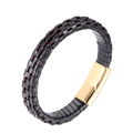 Bracciale da uomo in pelle intrecciata nera e marrone con chiusura in metallo dorato - Fibbia Color Oro 20.5cm