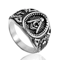 Silver-toned stainless steel Freemason ring featuring G symbol and embossed side patterns - US 7 / Steel