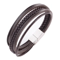 Men's multi-layer woven leather bracelet in dark brown with brushed metal magnetic clasp - Brown Leather 21CM