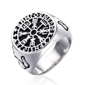 Anillo brújula vikinga retro con runas y texturas de alas en acero inoxidable plateado - US 7 / Color Acero