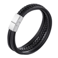 Multilayer braided black leather bracelet with silver magnetic buckle and omega symbol - Black Leather 20.5CM