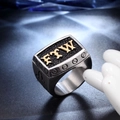 Macro shot of stainless steel FTW ring with gothic lettering and industrial screw design - US 7 / Gold & Silver