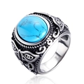 Anello vintage in acciaio inossidabile da uomo con pietra turchese ovale e incisioni - US 7 / Color Acciaio