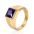 Men's gold-plated titanium steel ring with a large square-cut blue sapphire gemstone - US 7 / Dark Blue Zirconia