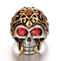 Men's retro skull ring in gold and silver finish with red rhinestone eyes for punk style - US 7 / Red Rhinestone