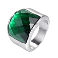 Vintage titanium steel ring with a large square faceted green gemstone in silver finish - Silver / Green