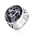 Retro men's stainless steel signet ring featuring religious saint relief and oxidized finish - US 7 / Steel