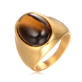 Men's vintage gold stainless steel ring with a large oval tiger eye gemstone inlay - Gold / US 7