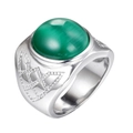 Men's stainless steel ring with green cat eye stone and geometric pattern carvings - US 7 / Silver Band / Green Cat Eye Stone
