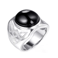 Men's wide stainless steel ring with oval black onyx gemstone and hollow side details - US 7 / Silver Band / Black Agate