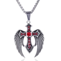 Vintage stainless steel heart wings pendant with cross and red rhinestone on chain - Pendant Only