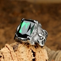Retro punk men's stainless steel ring featuring square green gem and cross relief - US 7 / Silver Green Gemstone