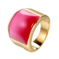 Detailed macro of wide gold-plated stainless steel ring with a rectangular pink stone - Rose Red Rhinestone