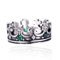 Vintage Silberring in Kronenform mit Kreuzmotiv und drei funkelnden grünen Edelsteinen - US 7 / Antik-Stahlfarbe Grüner Strass