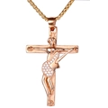 Rose gold stainless steel cross necklace featuring a guitar figure and white zircon inlay - Rose Gold Plated (White Zirconia)