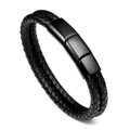 Geflochtenes Herrenarmband aus schwarzem Leder mit verstellbarem Edelstahl Magnetverschluss - Schwarze Schnalle 21cm / 21cm