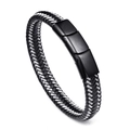 Pulsera de hombre en cuero trenzado negro con hilo de plata y cierre de acero mate - 21cm / Negro