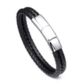 Geflochtenes schwarzes Lederarmband für Herren mit verstellbarem Magnetverschluss aus Silber - Silberschnalle 21cm / 21cm