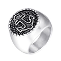 Detailed view of men's vintage nautical ring with anchor relief and rope textured border - US 7 / Silver
