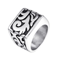 Macro view of vintage stainless steel ring showing deep embossed floral patterns - US 7 / Silver