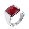 Vintage stainless steel ring featuring a large square red gemstone with faceted cutting - US 7 / Silver with Red Rhinestone