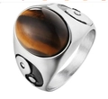 Men's titanium steel ring with tiger eye stone and yin-yang symbol in vintage style - US 7 / Steel Color Tiger Eye