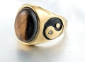 Men's titanium steel signet ring with oval tiger eye stone and tai chi yin yang side detail - US 7 / Gold Tiger Eye