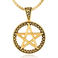 Men's gold stainless steel pentagram pendant necklace with textured ring and box chain - Gold Pendant Only (Without Chain) (WD-068)